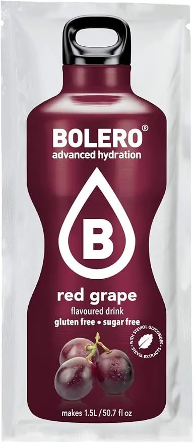 Bolero Bebida Instantánea Sin Azúcar, Sabor Uva Roja, Pack de 12x9g. Un refresco en polvo bajo en calorías y carbohidratos, con Stevia y Vitamina C.