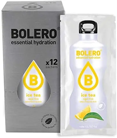 Bolero Bebida Instantánea Té Helado Limón, Pack de 12x8g. Un refresco en polvo sin azúcar con Stevia y Vitamina C para disfrutar de una hidratación cítrica, saludable y deliciosa.