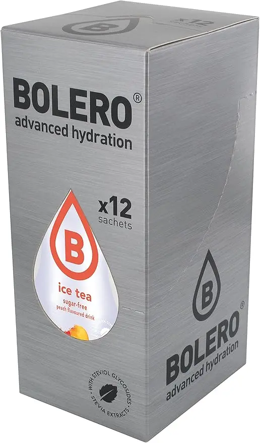 Bolero Bebida Instantánea Té Helado Melocotón, Pack 12x9g. Un refresco saludable sin azúcar ni gluten, bajo en calorías y carbohidratos, ideal para diabéticos y celíacos.