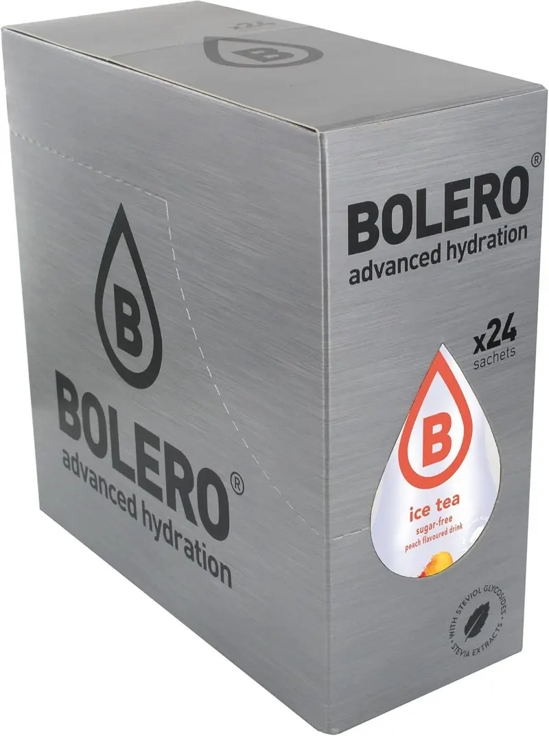 Bolero Bebida Instantánea Té Helado Sabor Melocotón, Caja de 24x8g. Refresco en polvo sin azúcar, endulzado con Stevia y con Vitamina C, ideal para diabéticos y dietas saludables.
