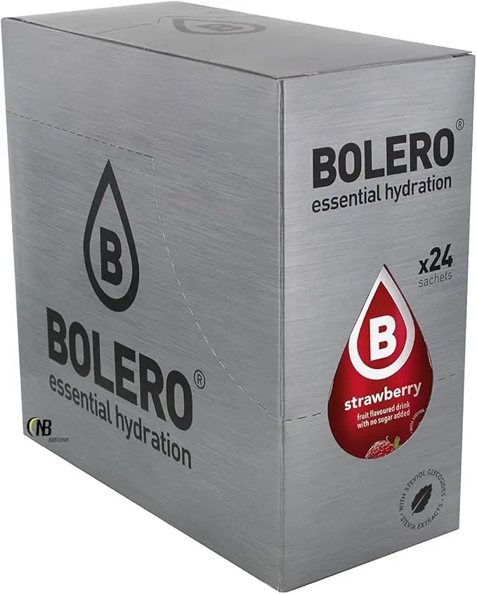Bolero Bebida Sabor Fresa, Caja de 24x9g. Preparado en polvo sin azúcar ni carbohidratos, con Stevia y Vitamina C para una hidratación deliciosa y saludable.