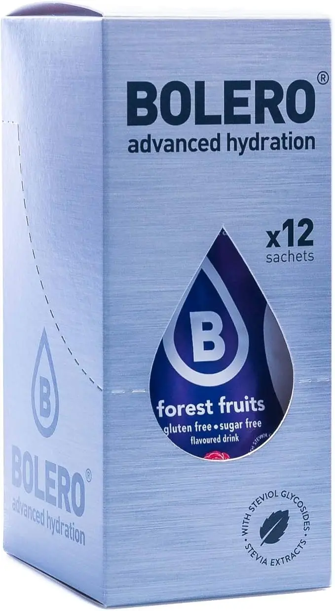 Bolero Bebida Sabor Frutas del Bosque, 12 sobres de 9g. Refresco instantáneo en polvo sin azúcar, endulzado con Stevia y con Vitamina C, bajo en calorías.