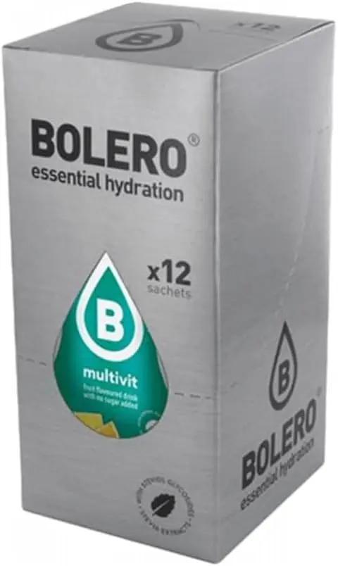 Bolero Bebida Sabor Multivitaminas, 12 sobres de 9g. Preparado en polvo sin azúcar, con Stevia y Vitaminas A, C y E para una hidratación funcional y saludable.