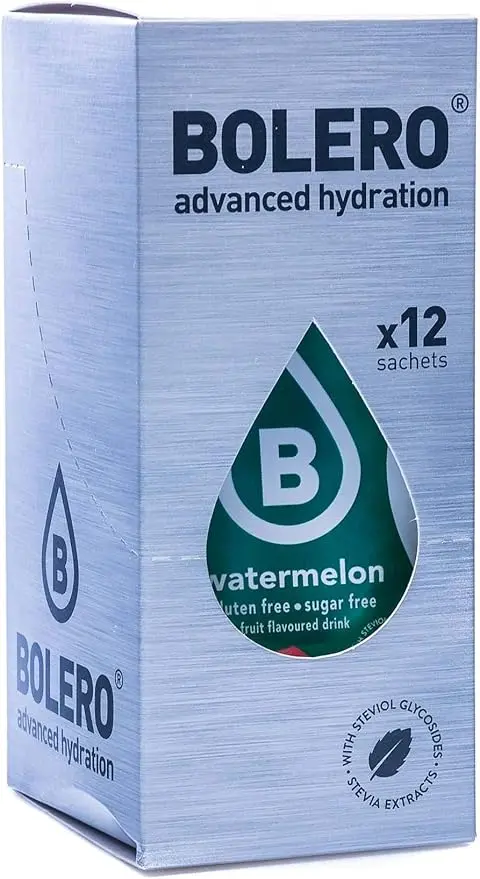Bolero Bebida Sabor Sandía, 12 sobres de 9g. Refresco instantáneo sin azúcar, con Stevia, sin gluten y con Vitamina C. Una bebida saludable y baja en calorías.