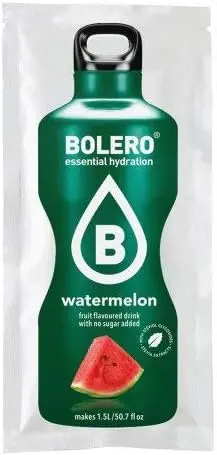Bolero Bebida Sabor Sandía, Mega Pack de 96 sobres de 9g. Preparado instantáneo sin azúcar, con Stevia y Vitamina C para una hidratación refrescante y duradera.
