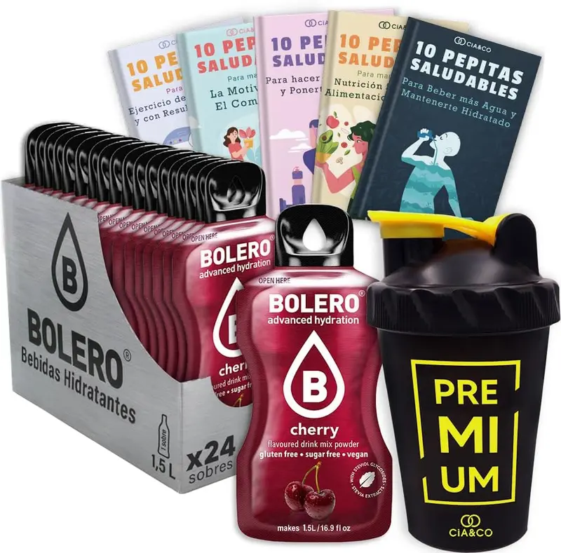 Bolero Cereza Sin Azúcar (24x9g) + Shaker Cia&Co (500ml). Pack completo de bebida hidratante con 50 Pepitas Saludables para un estilo de vida activo.