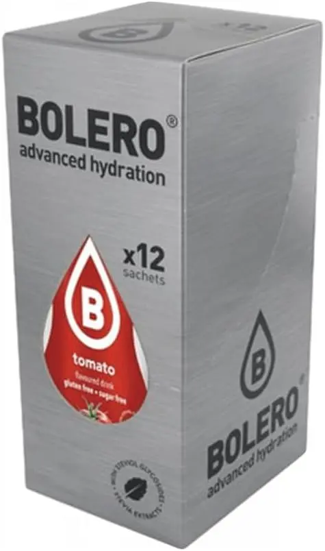Bolero Classic Sabor Tomate, pack de 12 sobres de 9g. Bebida en polvo sin azúcar para un refresco salado y bajo en calorías, ideal como aperitivo o base para sopas.