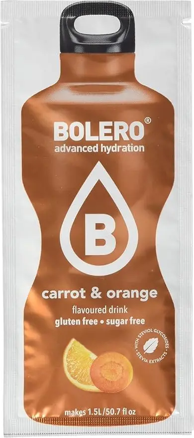 Bolero Classic Sabor Zanahoria y Naranja, pack de 12 sobres de 9g. Bebida en polvo sin azúcar y con Stevia para una hidratación óptima, baja en calorías y con un sabor delicioso.