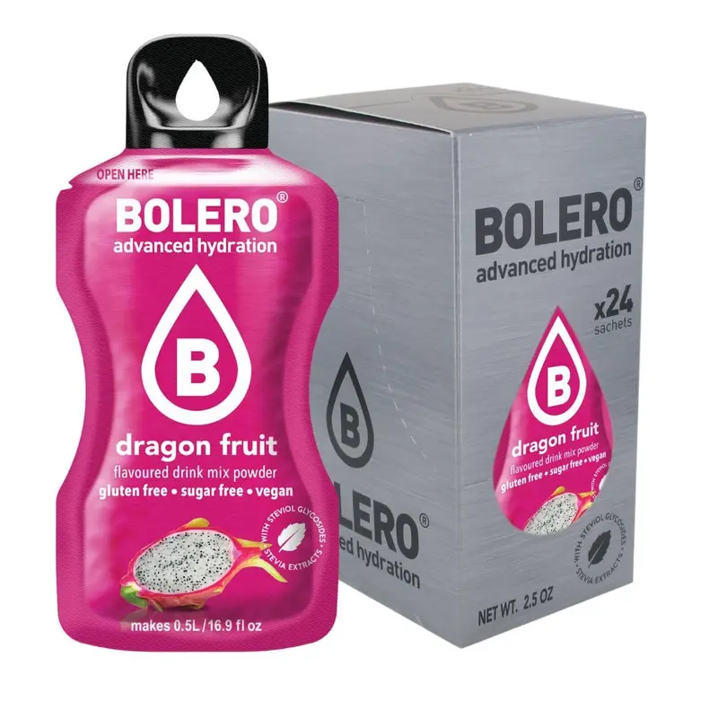 Bolero Drinks Fruta del Dragón, pack de 24 sobres de 3g. Bebida refrescante en polvo soluble, sin azúcar y con Stevia. Una opción baja en calorías para hidratarte con sabor.