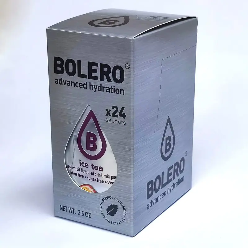 Bolero Drinks Té Helado de Maracuyá, Caja de 24 sobres de 3g. Bebida instantánea en polvo sin azúcar, endulzada con Stevia, ideal para una hidratación refrescante y saludable.