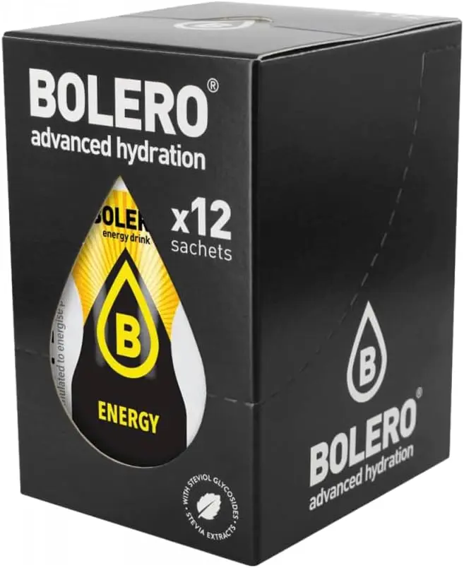 Bolero Energy Drink, Bebida Energética Sin Azúcar, Pack de 12x7g. Un preparado en polvo con Taurina, Cafeína y Vitaminas B para apoyar tu rendimiento físico y energía.