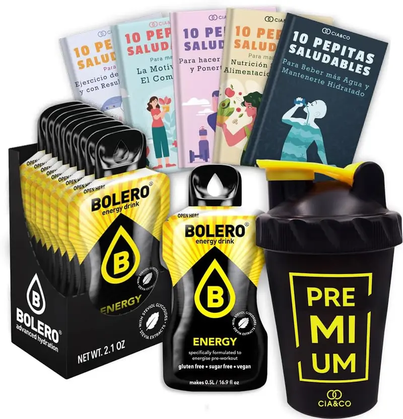 Bolero ENERGY Sin Azúcar (24x7g) + Shaker Cia&Co (500ml). Pack completo de bebida energética con 50 Pepitas Saludables para un rendimiento superior.