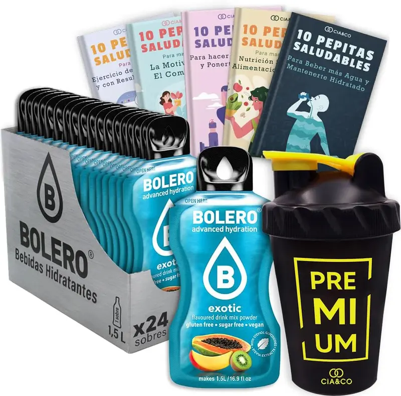 Bolero Exótico Sin Azúcar (24x9g) + Shaker Cia&Co (500ml). Pack completo de bebida hidratante con 50 Pepitas Saludables para un estilo de vida activo.
