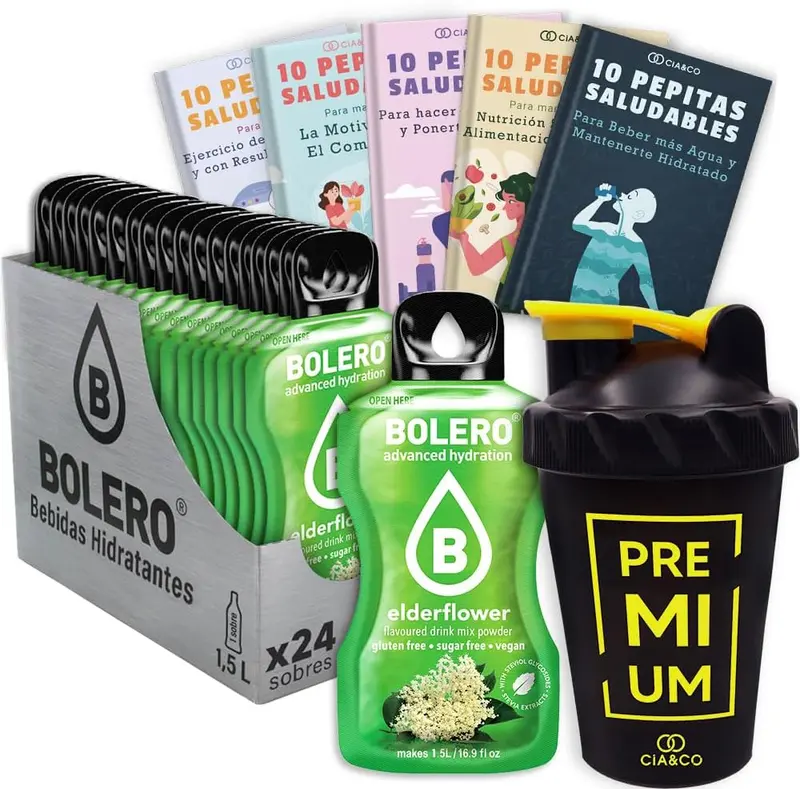 Bolero Flor de Saúco Sin Azúcar (24x9g) + Shaker Cia&Co (500ml). Pack completo de bebida hidratante con 50 Pepitas Saludables para un estilo de vida activo.