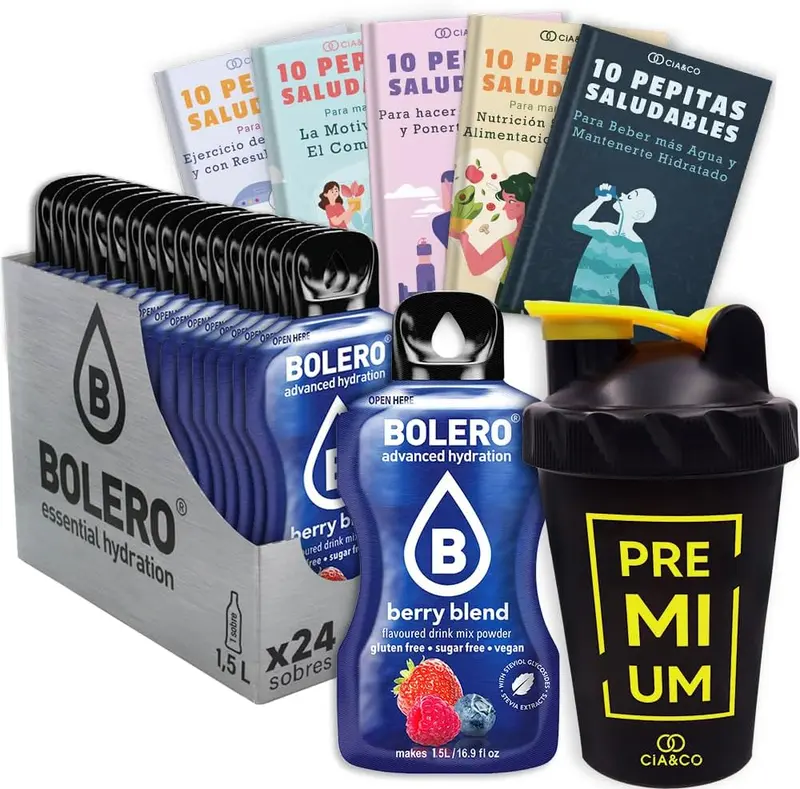Bolero Frutos Rojos Sin Azúcar (24x9g) + Shaker Cia&Co (500ml). Pack completo de bebida hidratante con 50 Pepitas Saludables para un estilo de vida activo.