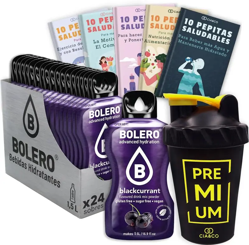 Bolero Grosella Negra Sin Azúcar (24x9g) + Shaker Cia&Co (500ml). Pack completo de bebida hidratante con 50 Pepitas Saludables para un estilo de vida activo.