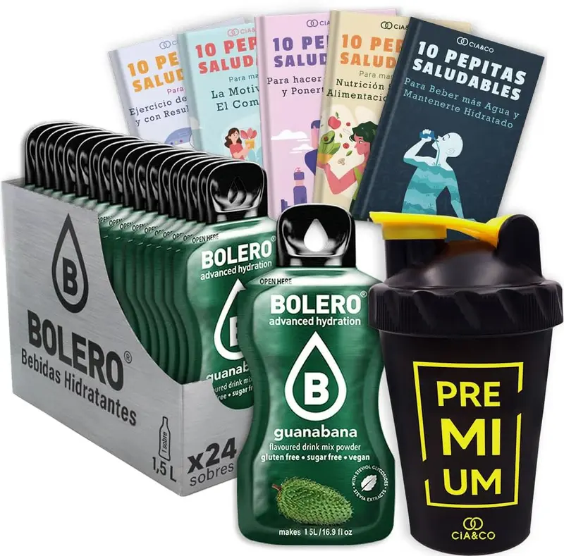 Bolero Guanábana Sin Azúcar (24x9g) + Shaker Cia&Co (500ml). Pack completo de bebida hidratante con 50 Pepitas Saludables para un estilo de vida activo.