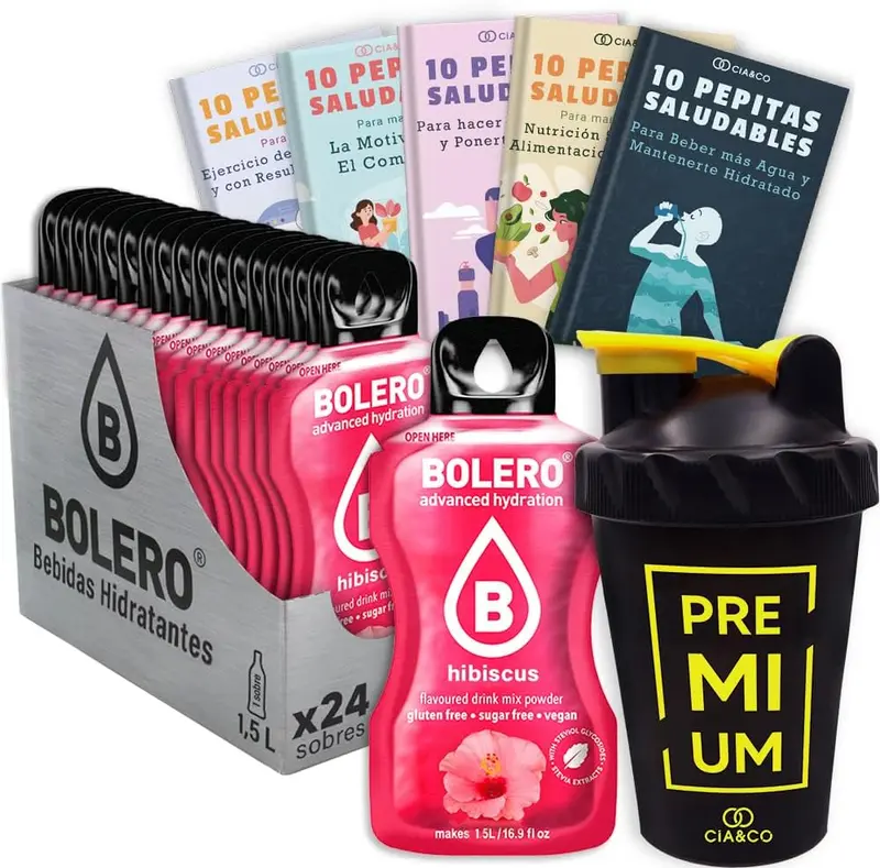 Bolero Hibisco Sin Azúcar (24x9g) + Shaker Cia&Co (500ml). Pack completo de bebida hidratante con 50 Pepitas Saludables para un estilo de vida activo.