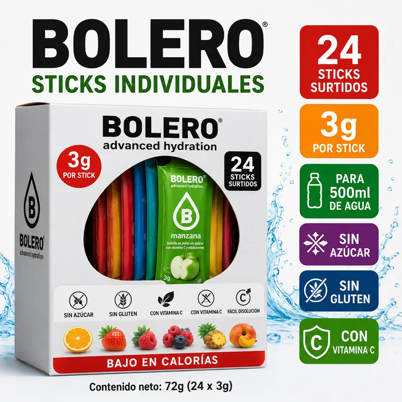 Bolero Hydration Sticks 24 x 3g para Botellas de 500ml | Pack Surtido Sin Azúcar con Vitamina C