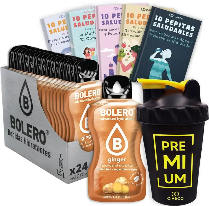 Bolero Jengibre Sin Azúcar (24x9g) + Shaker Cia&Co (500ml). Pack completo de bebida hidratante con 50 Pepitas Saludables para un estilo de vida activo.