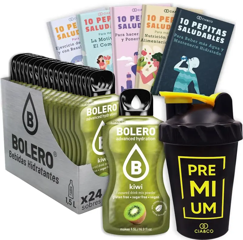 Bolero Kiwi Sin Azúcar (24x9g) + Shaker Cia&Co (500ml). Pack completo de bebida hidratante con 50 Pepitas Saludables para un estilo de vida activo y tropical.