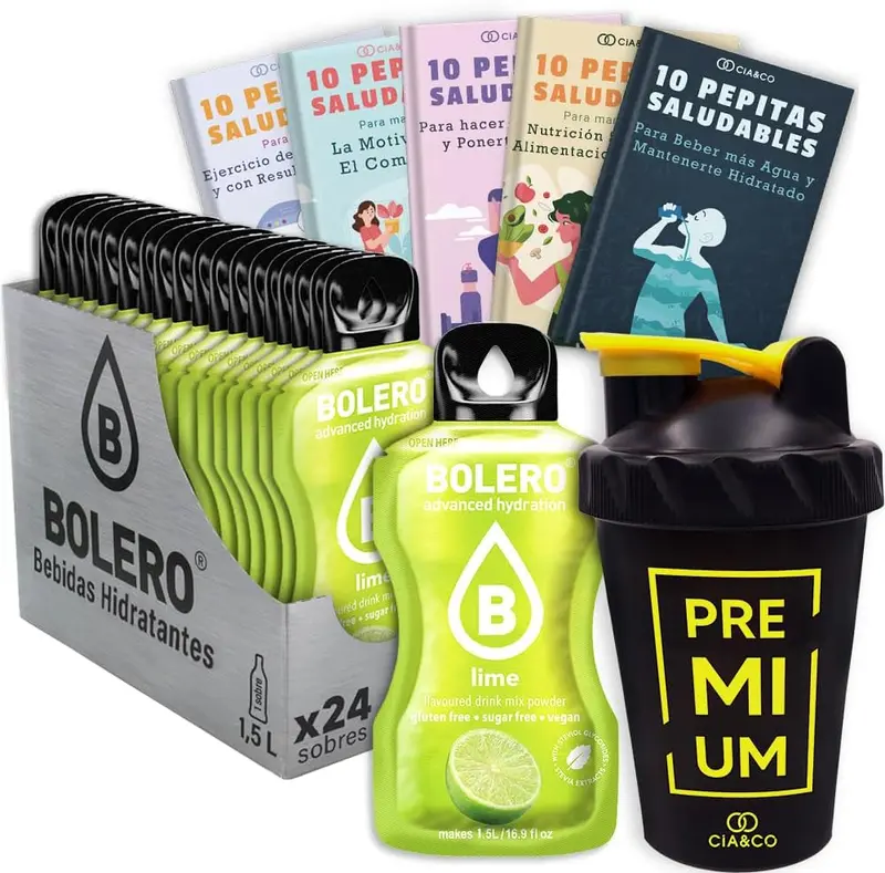 Bolero Lima Sin Azúcar (24x9g) + Shaker Cia&Co (500ml). Pack completo de bebida hidratante con 50 Pepitas Saludables para un estilo de vida activo.