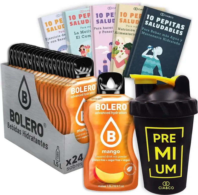 Bolero Mango Sin Azúcar (24x9g) + Shaker Cia&Co (500ml). Pack completo de bebida hidratante con 50 Pepitas Saludables para un estilo de vida activo.