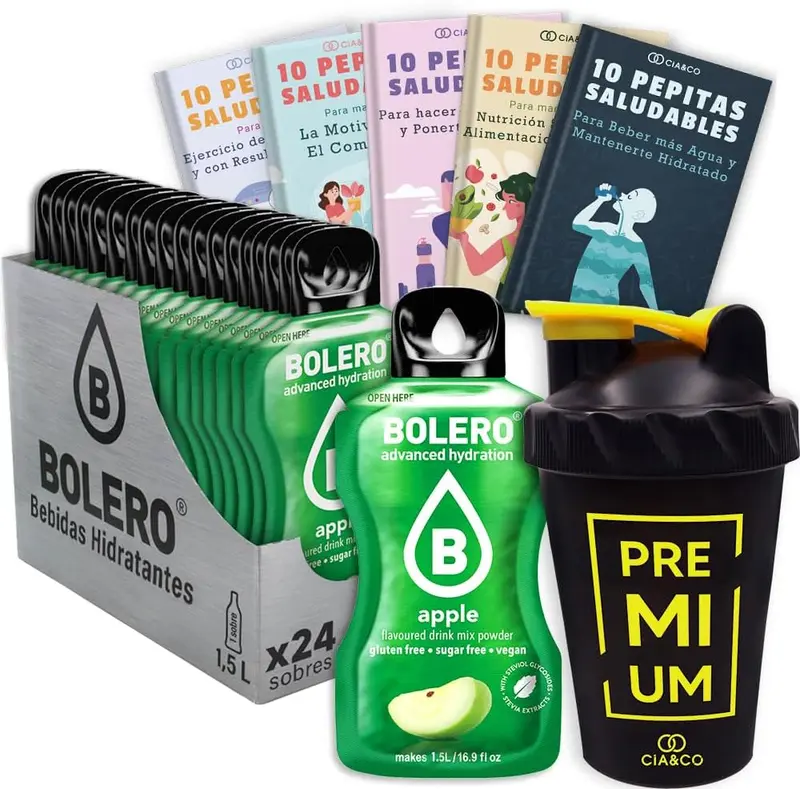 Bolero Manzana Sin Azúcar (24x9g) + Shaker Cia&Co (500ml). Pack completo de bebida hidratante con 50 Pepitas Saludables para un estilo de vida activo.