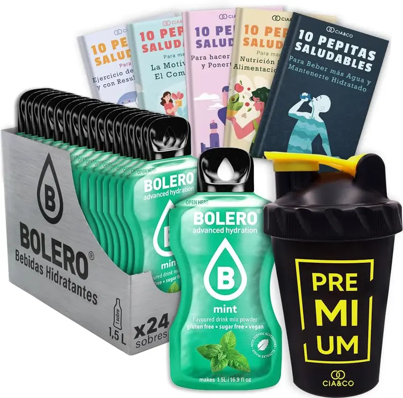 Bolero Menta Sin Azúcar (24x9g) + Shaker Cia&Co (500ml). Pack completo de bebida hidratante con 50 Pepitas Saludables para un estilo de vida activo.