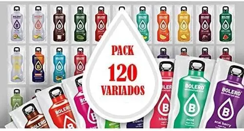 Bolero Mix Surtido de 120 Sobres, Sabores Coco, Almendra, Melón, Naranja y Rojo. Bebida instantánea sin azúcar con Stevia, baja en calorías para una hidratación variada y saludable.