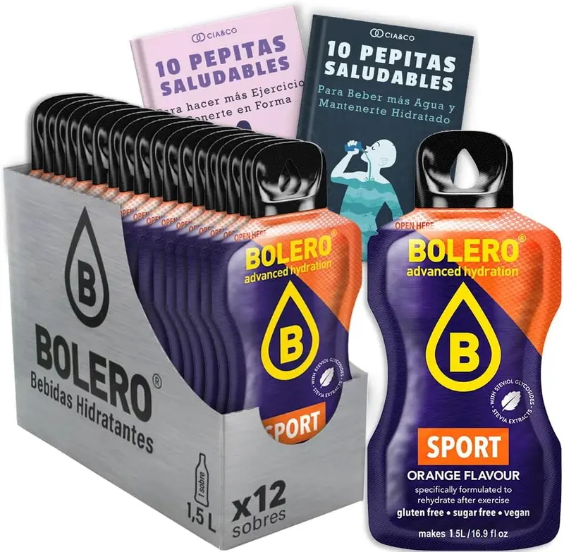 Bolero Naranja Isotónico Sin Azúcar (12x9g). Bebida en polvo para una hidratación deportiva saludable, con Stevia y Vitamina C. Incluye 20 Pepitas Saludables by Cia&Co.