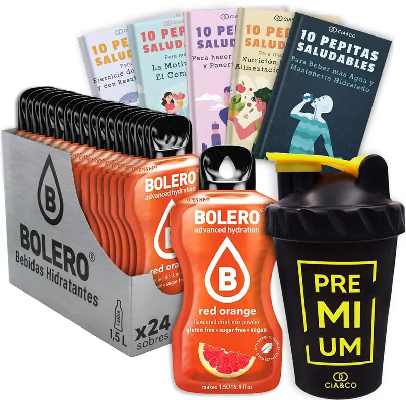 Bolero Naranja Roja Sin Azúcar (24x9g) + Shaker Cia&Co (500ml). Pack completo de bebida hidratante con 50 Pepitas Saludables para un estilo de vida activo.