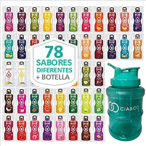 Bolero Pack Completo de 78 Sabores con Botella Cia&Co de 1.5L. Descubre todas las bebidas sin azúcar, con Stevia y Vitamina C, y llévalas contigo en tu botella reutilizable.
