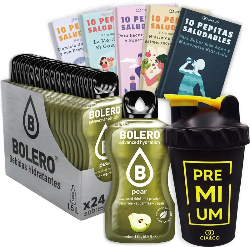 Bolero Pera Sin Azúcar (24x9g) + Shaker Cia&Co (500ml). Pack completo de bebida hidratante con 50 Pepitas Saludables para un estilo de vida activo.