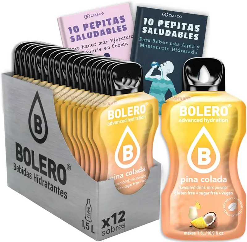 Bolero Piña Colada, el sabor del Caribe en tu agua. Pack de 12 sobres de bebida sin azúcar y baja en calorías. Incluye 20 Pepitas Saludables de Cia&Co para un bienestar tropical.