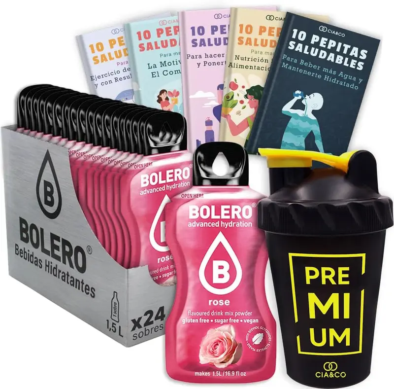 Bolero Rosa Sin Azúcar (24x9g) + Shaker Cia&Co (500ml). Pack completo de bebida hidratante con 50 Pepitas Saludables para un estilo de vida activo.