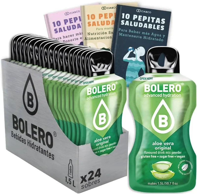 Bolero sabor Aloe Vera, 24 sobres para una hidratación suave y refrescante. Bebida sin azúcar y con Vitamina C. Incluye 30 Pepitas Saludables de Cia&Co para un bienestar natural.