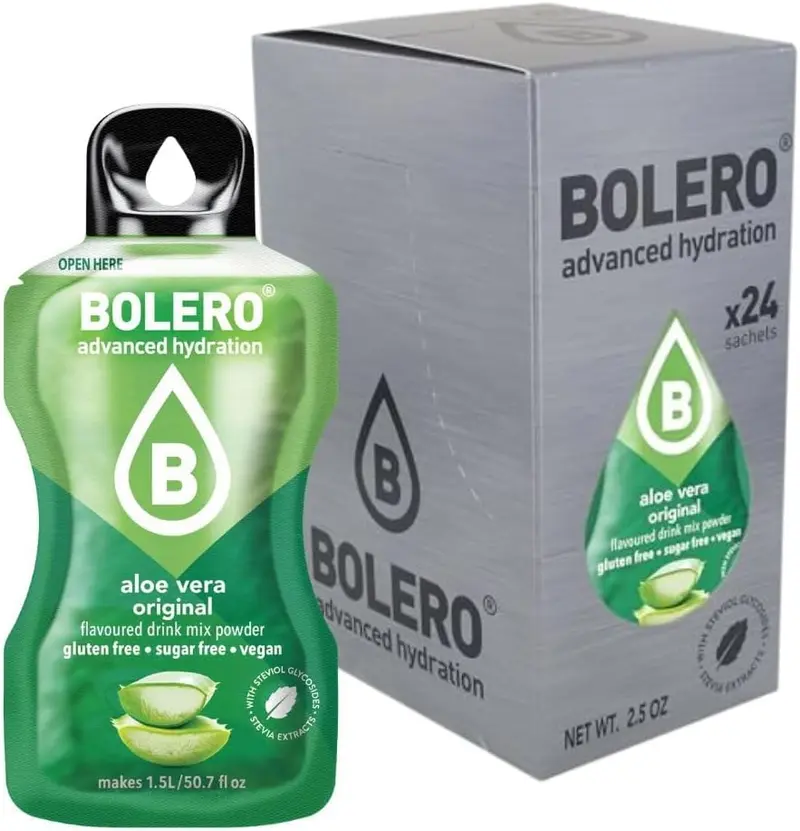 Bolero Sabor Aloe Vera, pack de 24 sobres de 3g. Bebida instantánea sin azúcar, con Stevia, Vitamina C y sabores naturales. Una opción vegana y sin gluten para un refresco ligero.