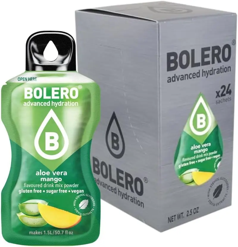 Bolero Sabor Aloe Vera y Mango, pack de 24x3g. Bebida en polvo sin azúcar con Stevia y Vitamina C. Una opción vegana y sin gluten para un refresco exótico y tropical.