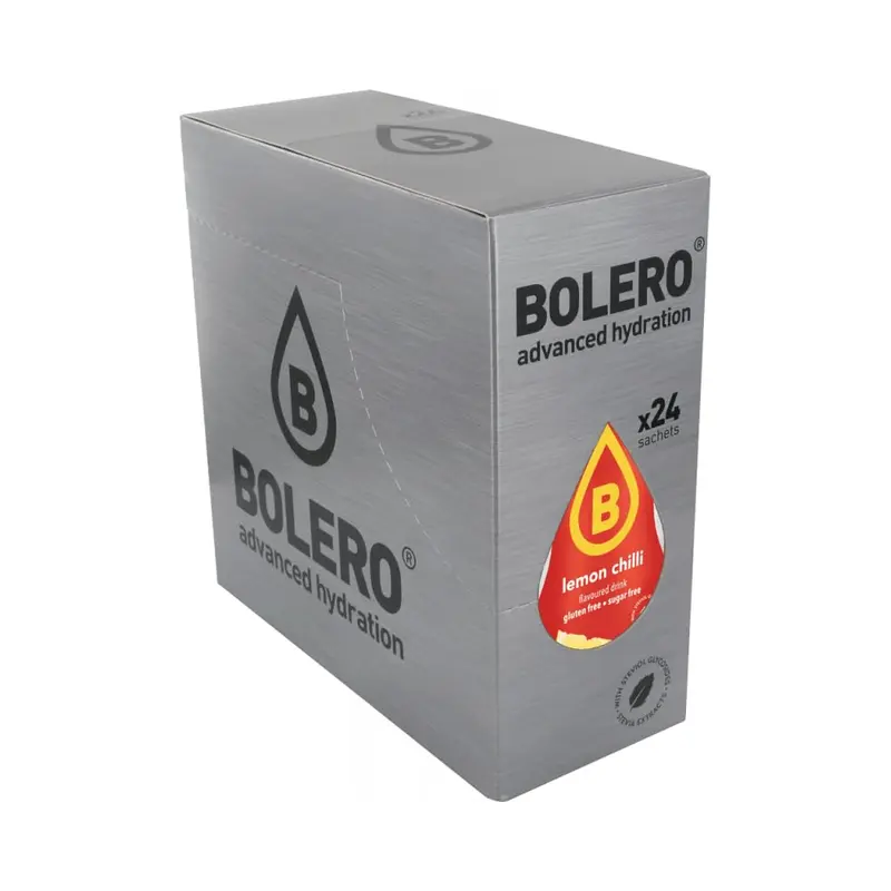 Bolero Sabor Limón y Chile, caja de 24 sobres. Una bebida instantánea sin azúcar, con Stevia y Vitamina C, para un refresco atrevido, picante y cítrico bajo en calorías.