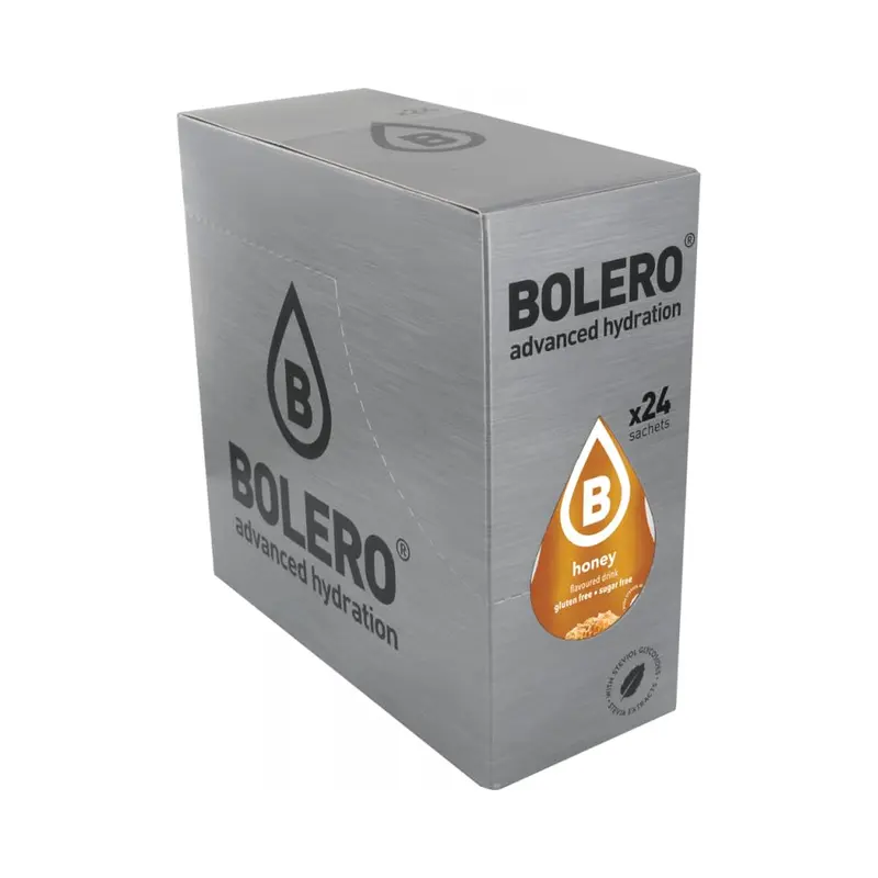 Bolero Sabor Miel, caja de 24 sobres. Una bebida instantánea sin azúcar, con Stevia y Vitamina C, que captura el dulzor natural de la miel en un refresco bajo en calorías.