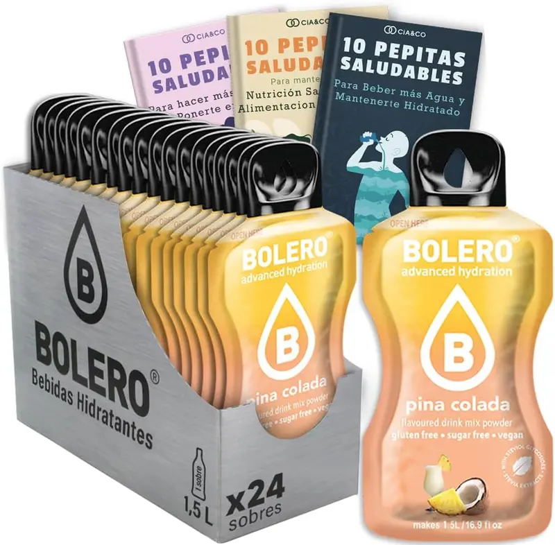 Bolero sabor Piña Colada, 24 sobres para una hidratación tropical. Bebida sin azúcar con Vitamina C. Incluye 30 Pepitas Saludables de Cia&Co para un estilo de vida saludable.