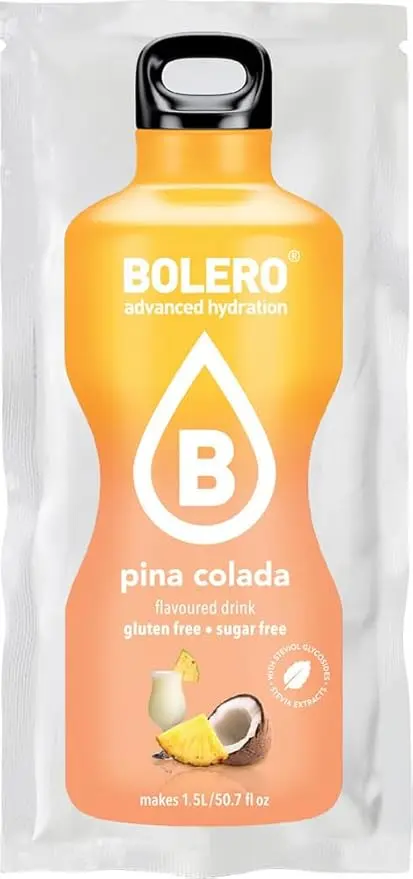 Bolero Sabor Piña Colada, pack de 24 sobres. Bebida instantánea para disfrutar del cóctel más tropical sin alcohol, sin azúcar y sin calorías, con Vitamina C y Stevia.