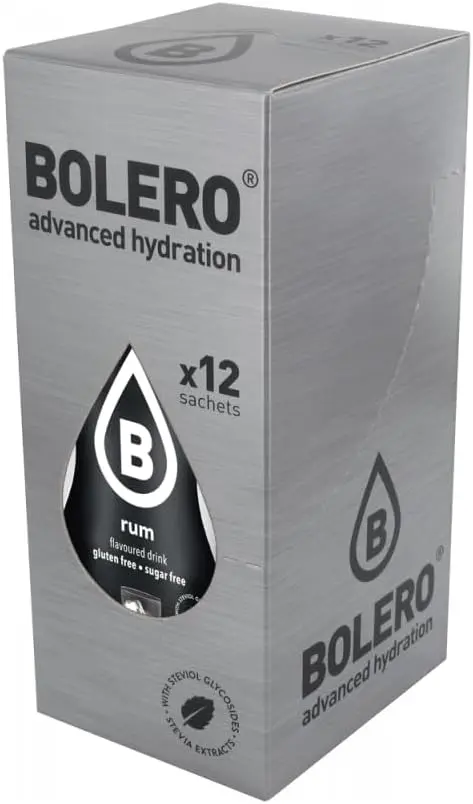 Bolero Sabor Ron, pack de 12 sobres. Una bebida instantánea sin azúcar para disfrutar del aroma del ron sin alcohol y sin calorías, con Stevia y Vitamina C. Ideal para cócteles.