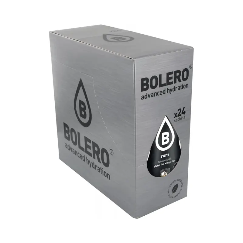 Bolero Sabor Ron, pack de 24 sobres. Una bebida instantánea sin azúcar para disfrutar del aroma del ron sin alcohol y sin calorías, con Stevia y Vitamina C. Ideal para cócteles.