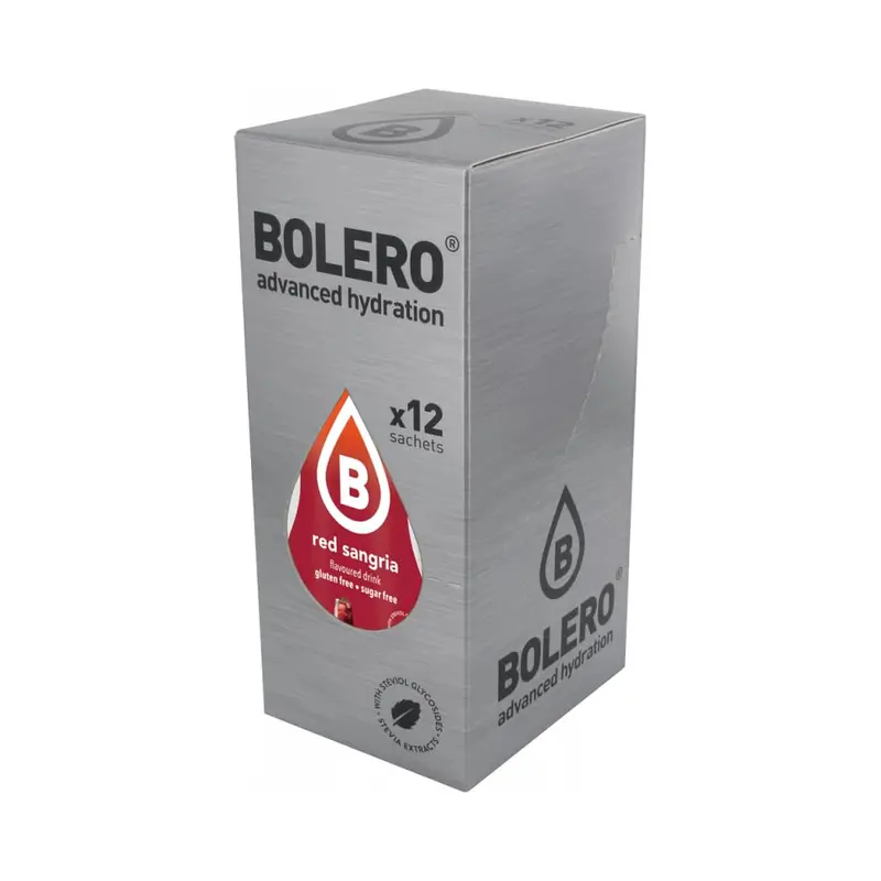Bolero Sabor Sangría Tinta, pack de 12 sobres de 9g. Bebida refrescante sin azúcar, con Vitamina C y Stevia para disfrutar del sabor de la sangría sin alcohol y sin calorías.
