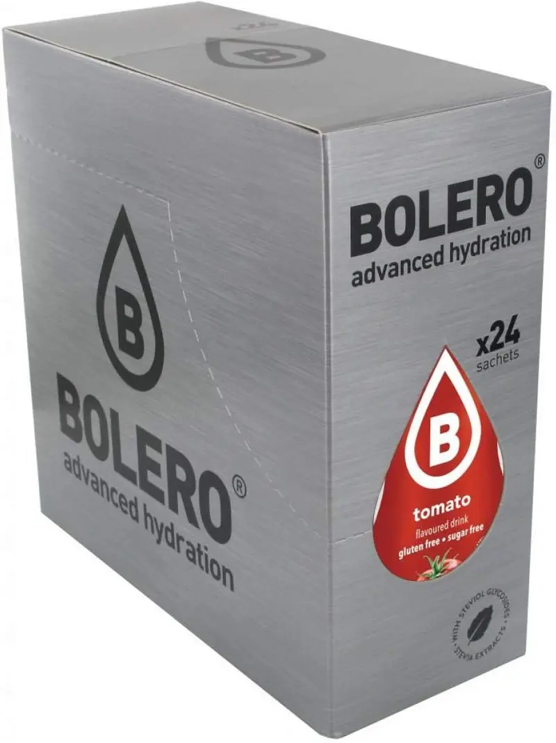 Bolero Sabor Tomate, pack de 24 sobres de 9g. Bebida instantánea sin azúcar para un refresco salado y bajo en calorías, ideal como aperitivo o base para sopas frías.