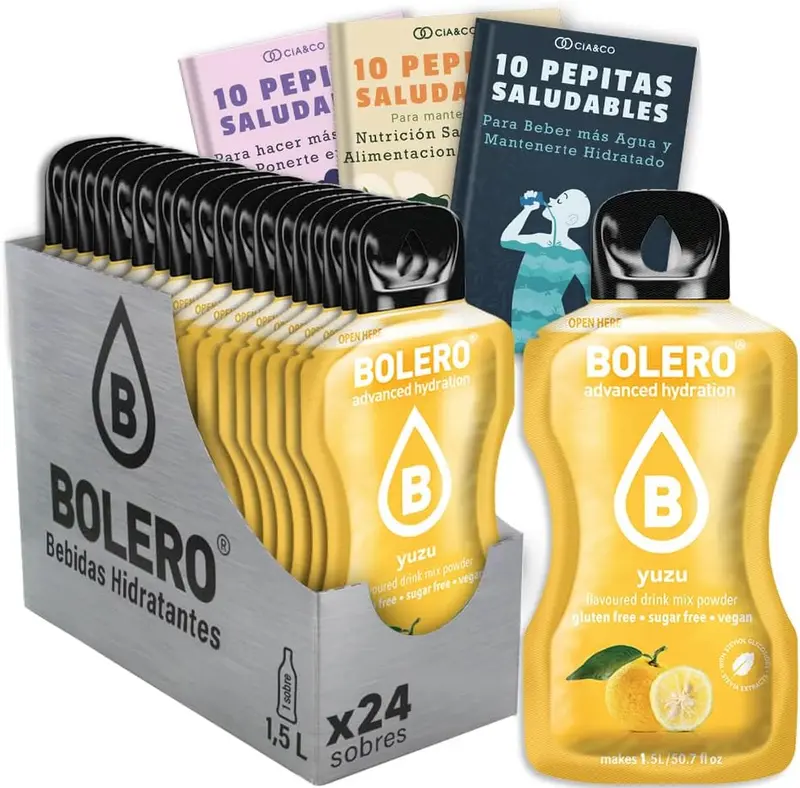 Bolero sabor Yuzu, 24 sobres para una hidratación exótica y cítrica. Bebida sin azúcar y con Vitamina C. Incluye 30 Pepitas Saludables de Cia&Co para un bienestar superior.
