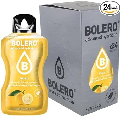 Bolero Sabor Yuzu, pack de 24 sobres de 3g. Bebida en polvo sin azúcar con el exótico sabor del cítrico japonés, con Stevia, Vitamina C, vegana y sin gluten.
