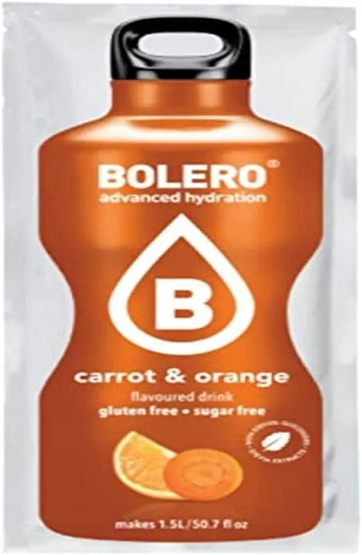 Bolero Sabor Zanahoria y Naranja, pack de 24 sobres de 9g. Bebida en polvo sin azúcar, baja en calorías y con Vitamina C para una hidratación refrescante y funcional.